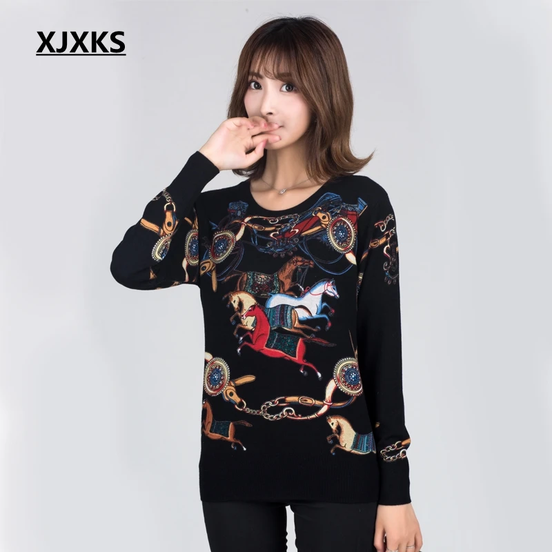 

XJXKS Female 2019 Autumn Sweater Print Round Collar Thin Sweater Knitted Modis Jumper Women Sweaters And Pullovers