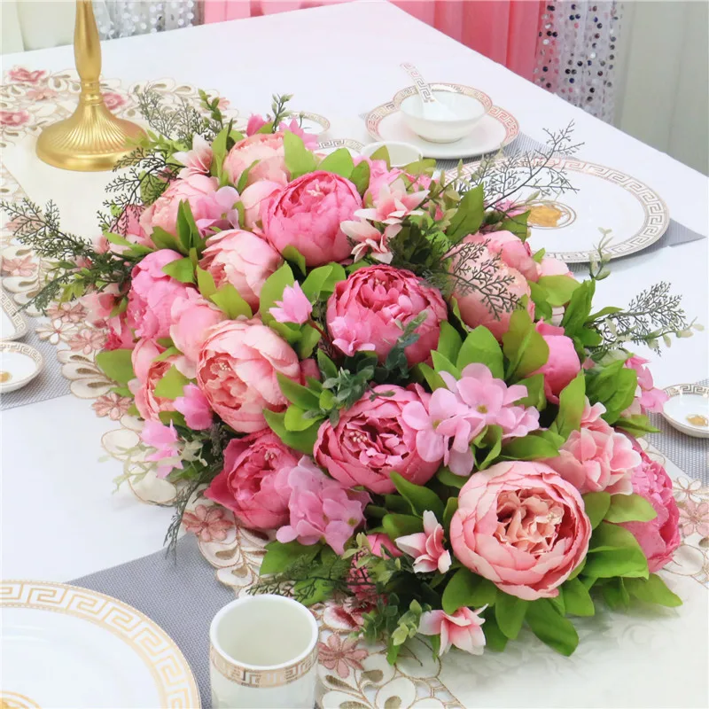 Custom luxury DIY wedding decor table flower runner artificial flower row arrangement table centerpieces rose peonies green leaf - Цвет: Rose red