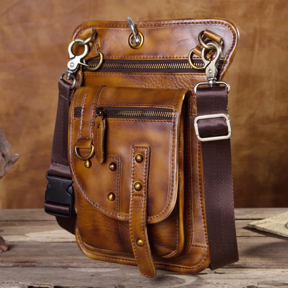نوعية الجلود متعددة الوظائف الرجال واحد الكتف Crossbody حقيبة ساعي السفر هوك حزام الخصر حزمة جراب هاتف حقيبة متدلية من الوسط على الساق 2141l