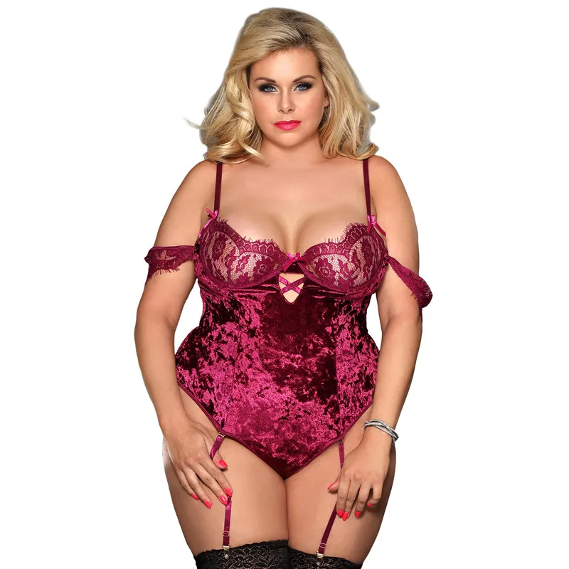 

7XL Plus Size Ladies Bodysuit Velvet Skinny Sexy Lace Romper Steel Ring Off Shoulder Summer Body Feminino RW80604