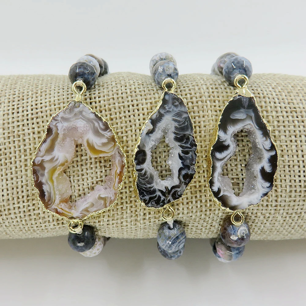 

HanKun Nataral Fair Agates Round Beads Plated Silver And Gloden Edged Brazilian Agates Geode Slice Crystal Druzy Bracelet