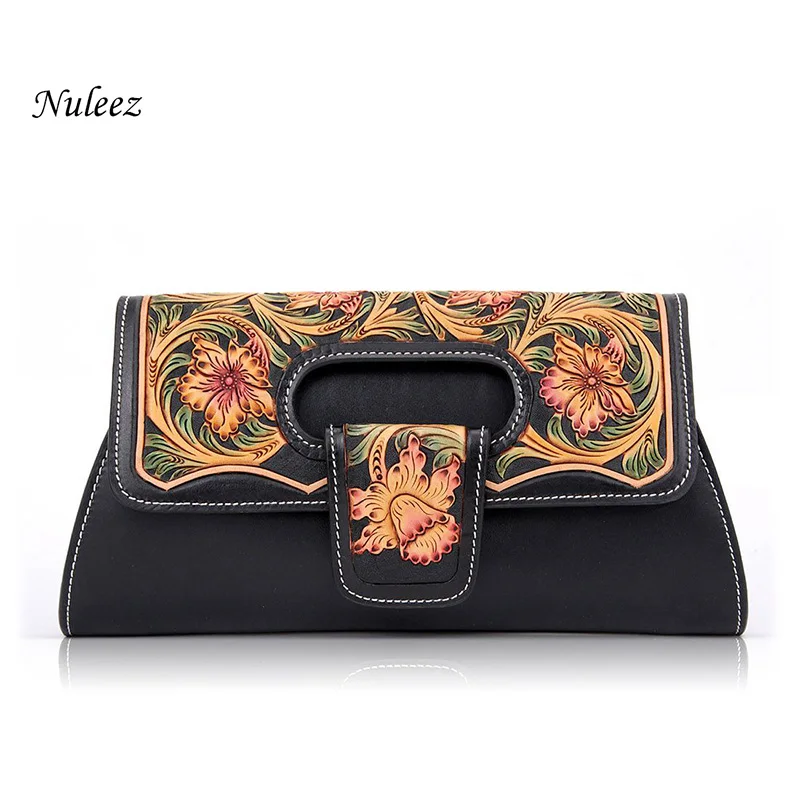 Nuleez Italy Genuine Leather Evening Bag Fashion Lady Clutch Chinese Hand-Carved and Drawing Floral Luxury 2021 |