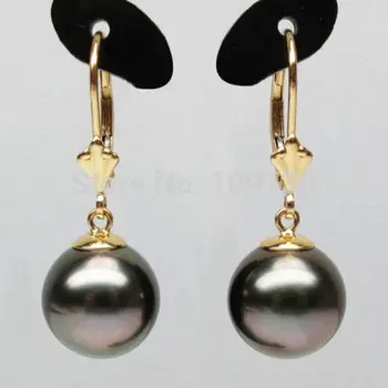 

ry00354 PRETTY!ROUND!10 MM BROWN TAHITIAN PEARL EARRING/G14K