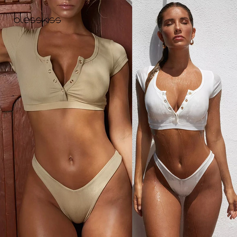 BLESSKISS New 2019 Thong Brazilian Bikini Women Button Crop Buckle Push Up Swimsuit G String Bathing Suit Bottom Swimwear Black