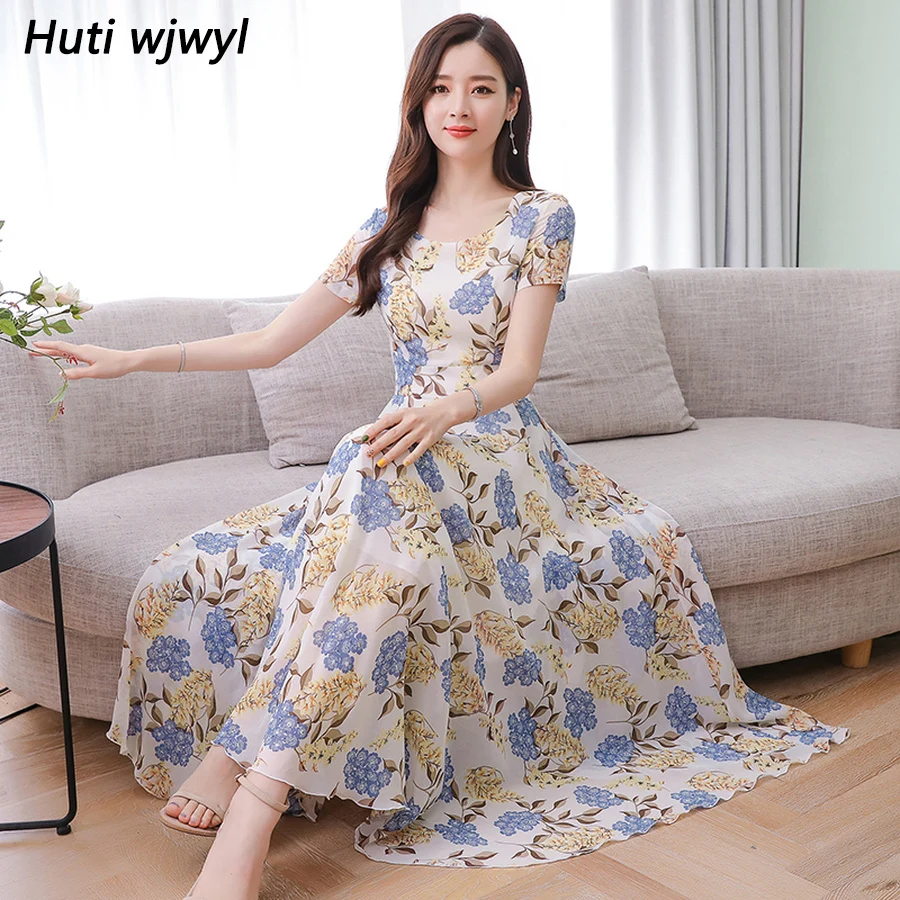 Summer 3XL Plus Size Print Beach Midi Sundress 2020 Elegant Women Floral Chiffon Boho Maxi Dress Vintage Bodycon Party Vestidos | Женская