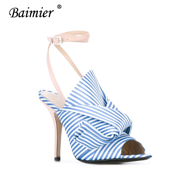 Baimier/летние босоножки на высоком каблуке в полоску женские сандалии-гладиаторы с ремешком на щиколотке женская обувь с открытым носком женская обувь с бантиком, большие размеры 34-43