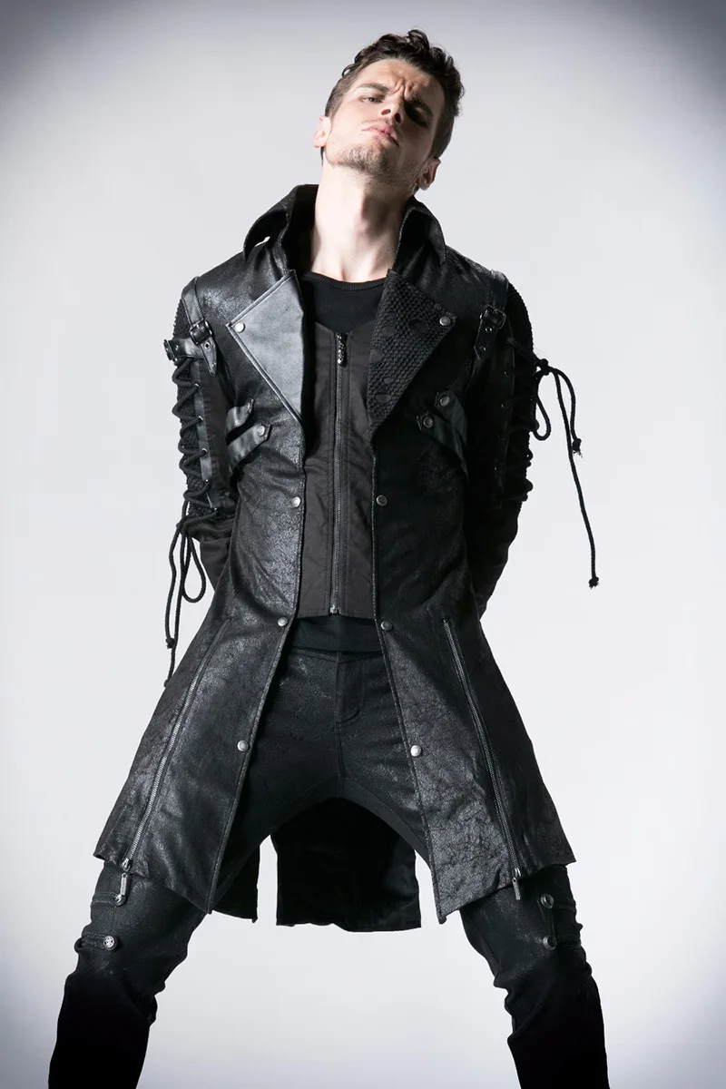 Панк рейв мужские куртки и пальто стимпанк военная форма повседневные пальто Готический Ретро сценический Стиль искусственная кожа длинные пальто
