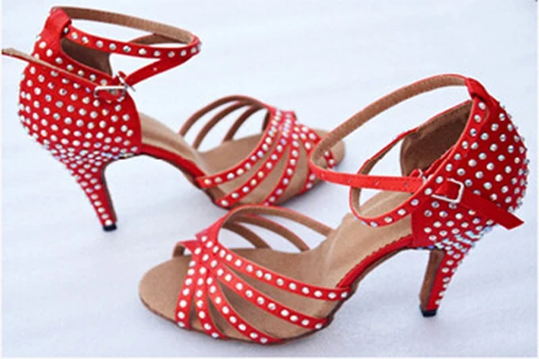 WUXIJIAO/атласная обувь для латинских танцев; женские Стразы; обувь для сальсы; вечерние туфли для бальных танцев; Каблук 5-10 см - Цвет: red heel 85mm