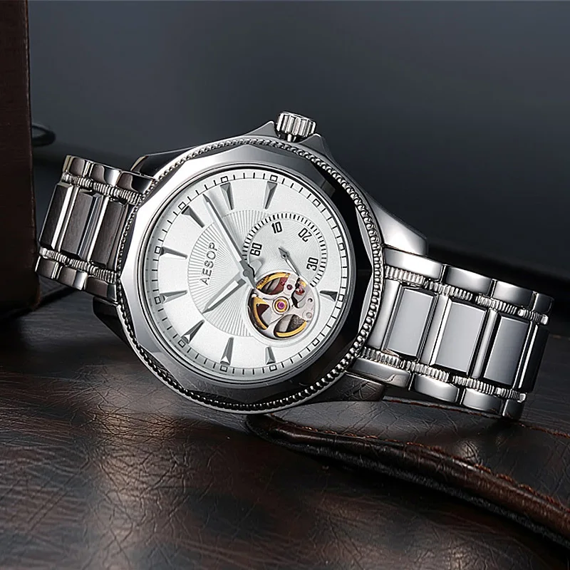 AESOP A+++ часы для мужчин Роскошные автоматические механические мужские наручные часы со скелетом водонепроницаемые мужские часы Relogio Masculino - Цвет: Silver white T Box