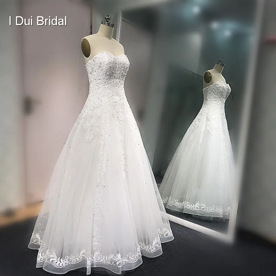 

In Stock Crystal Beaded Wedding Dress High Quality Lace Appliqued Strapless