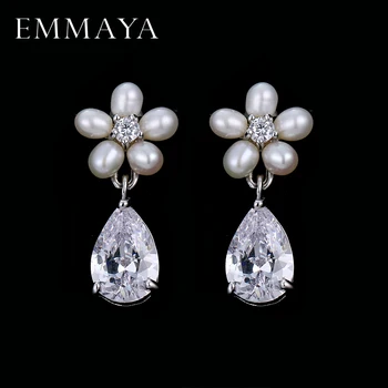 

EMMAYA Romantic Love White CZ Flower Imitation Pearl Stud Earrings For Women Wedding Jewelry Gift