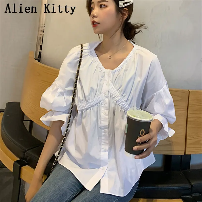 

Alien Kitty 2019 Summer Stylish Female White Puff Sleeves Shirts Loose Sweet V-Neck Blouse Casual All Match Plus Size Shirts