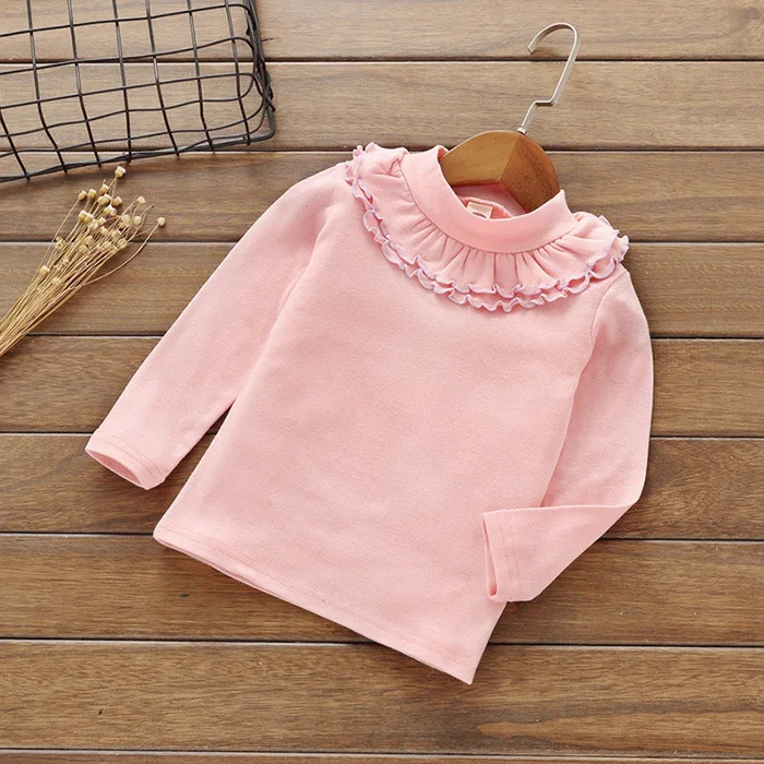 Рубашки с длинными рукавами для маленьких девочек; белые кружевные топы с длинными рукавами и цветочным принтом; школьная блузка для девочек; однотонная базовая одежда для детей; сезон весна-осень - Цвет: pink