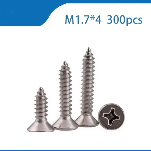 

Free shipping 300Pcs ST2.2 304 M1.7*4mm Stainless Steel Cross Recessed Flat Head Screws Phillips Self-tapping Wood Screws HW004