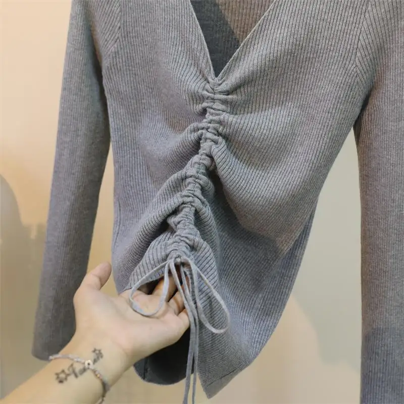 Casual Lace Up Knitted Sweater Women Skinny Slim Knitting Pull Femme Jumper Crop Top Winter Sweater Tricot Pullover Candy Colors (22)