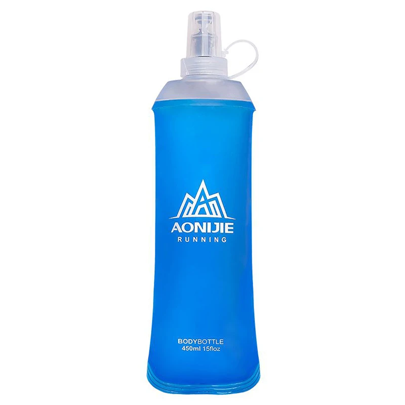 450/500 ML Water Bottle Soft Folding Portable Squeeze Travel Bottles Outdoor Flexible Running Drinkware With Dust-proof Cover - Color: Blue