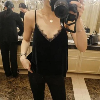 

2020 Women's Shirt Sexy Black Lace Patckwork Velvet Camisole V Neckline Spaghetti Strap Fashion Vest Ladies Casual Cami Tank Top