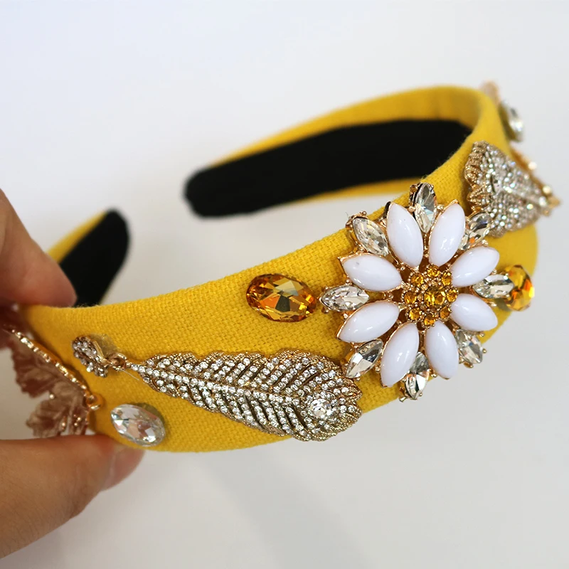 

Vintage Baroque Flower Crown Tiaras Handwork Jewelry Crystal Leaf Yellow Wide Hairbands Pendant Girl Wedding Hair Accessories