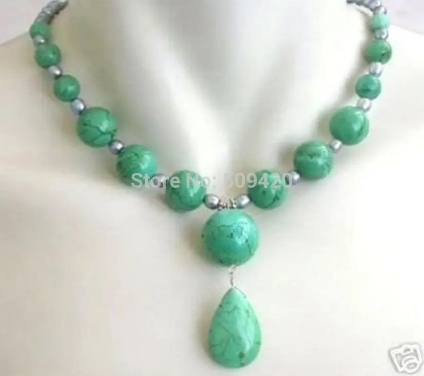 

W&O655 >6-7MM Grey Pearl&Turkey Turquoise Necklace