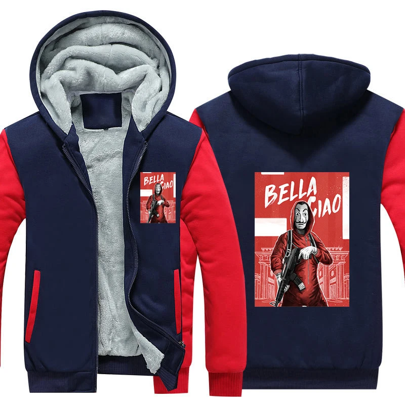 La casa de papel Thicken Hoodie Coat Money Heist Warm Hoodie Dali Mask La casa de papel Fleece Winter Hoodie - Цвет: Red4