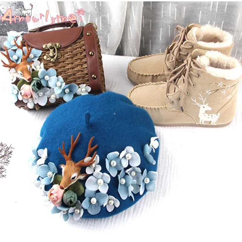Amourlymei, высокое качество, зимние шапки для женщин, цветы, шерсть, берет, шапки, японский стиль, Mori Girl, Лолита, берет, шапки, женские шапки