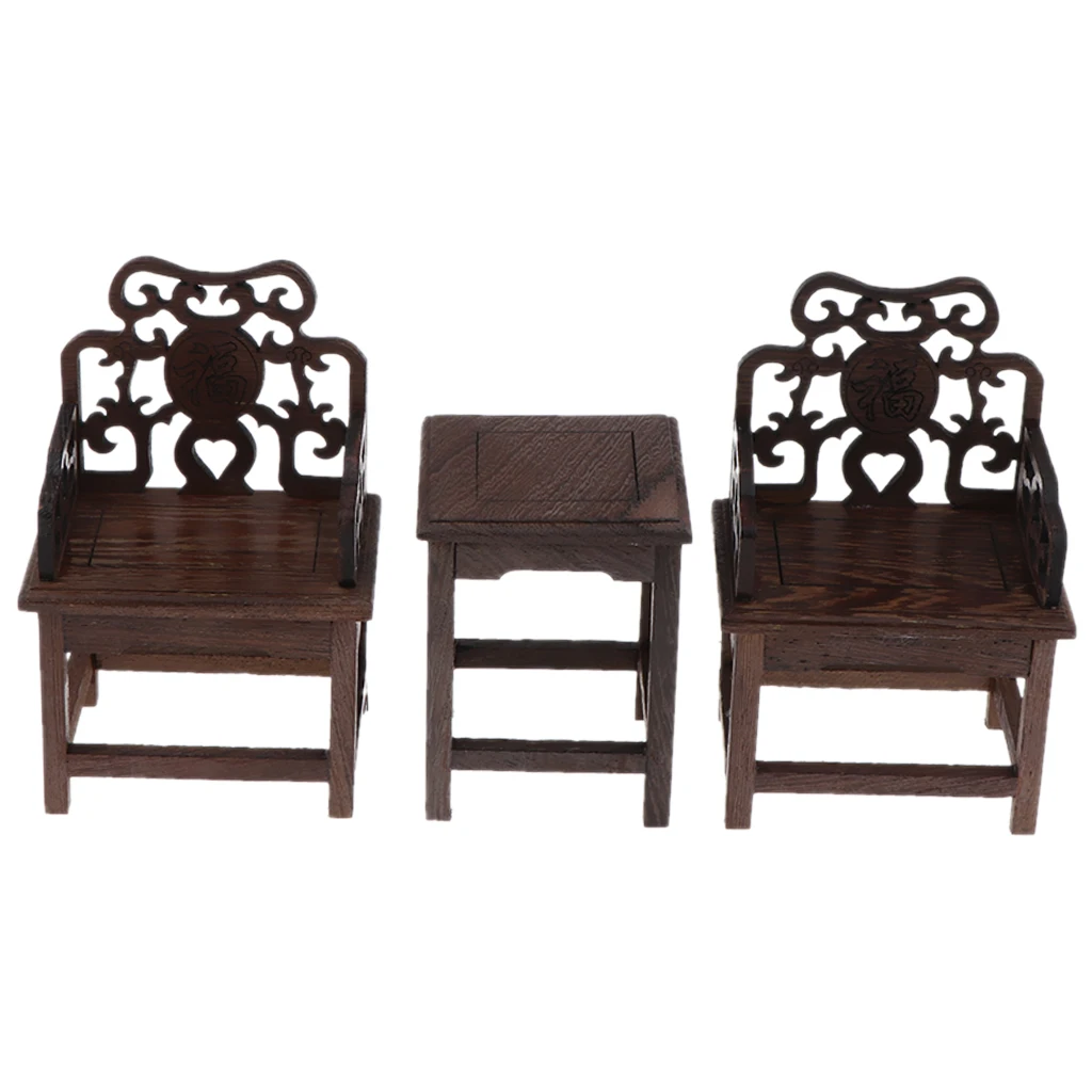 Mini Vintage Style Furniture Set, 1 Table and 2 Armchairs for 1/6 Dollhouse Dark Wood Tone, A