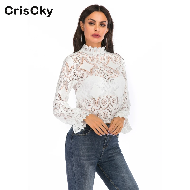 CRISCKY 2019 элегантные топы и блузки женские кружевные белые рубашки со стоячим