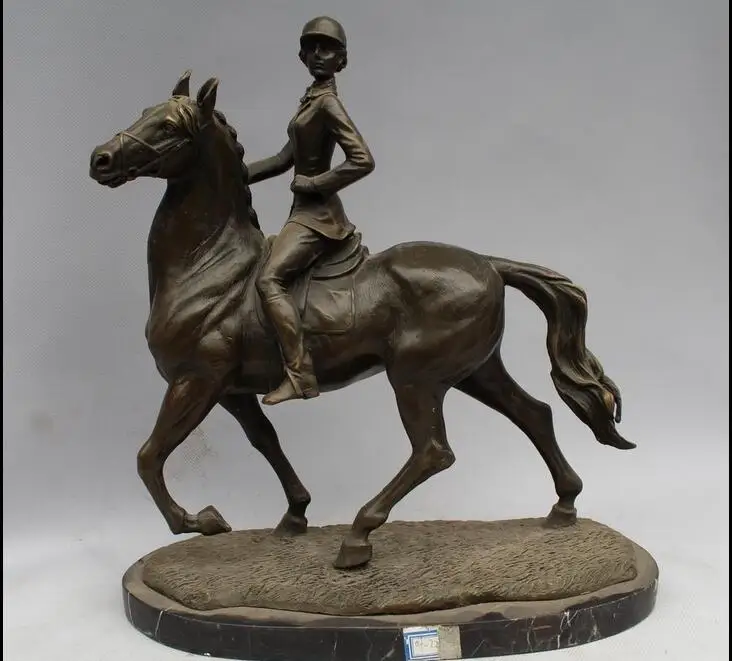 

free 12"Western Art sculpture Pure Bronze Marble Bell Girl Seat horse racing Statue fast