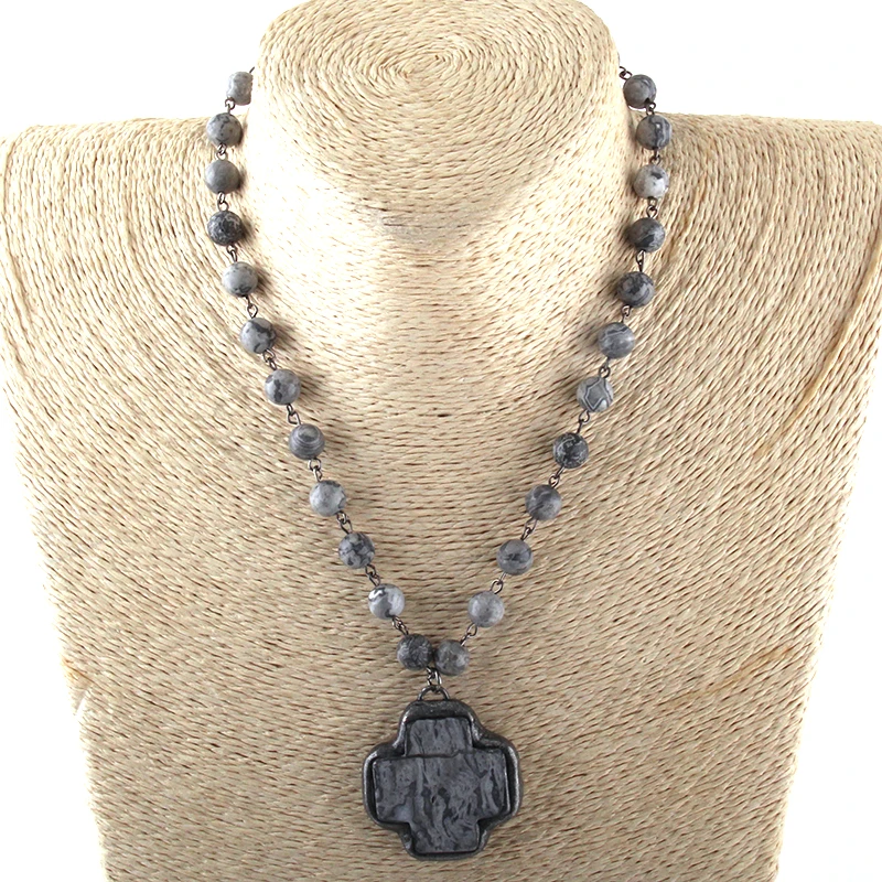 

MOODPC Fashion Jewelry Natural Stone Rosary Chain Stone Cross Choker Necklaces Women Ethnic Necklace