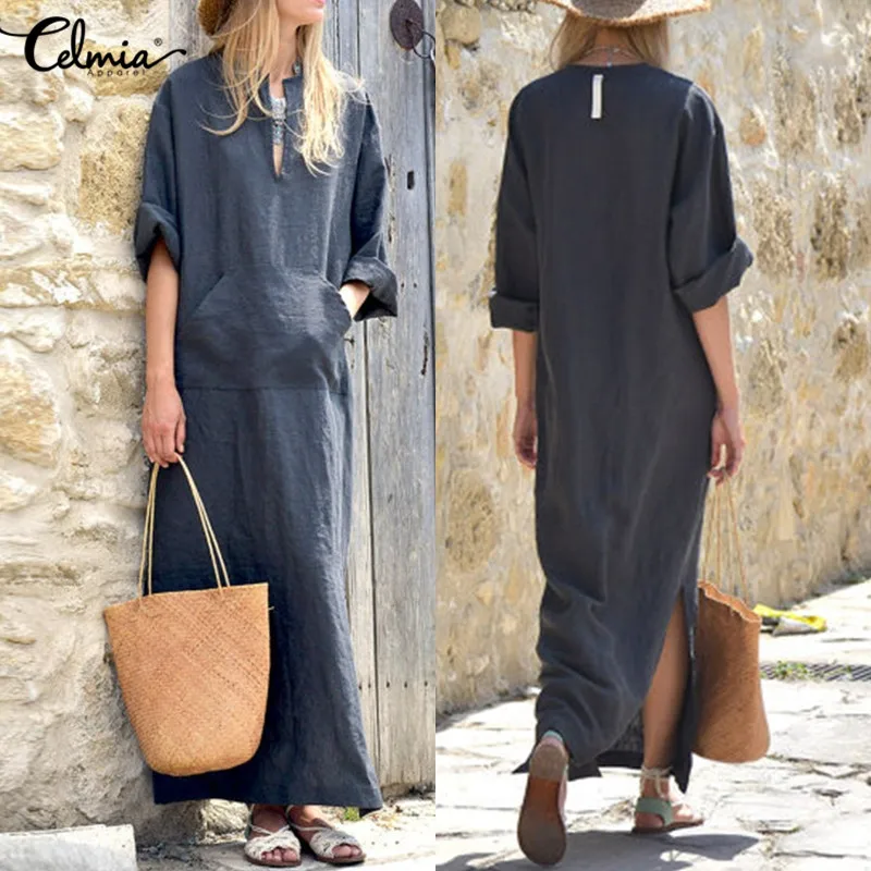 

Celmia Women Vintage Linen Dress 2019 Summer Autumn Sexy V Neck Long Sleeve Maxi Dress Split Solid Loose Female Kaftan Vestidos