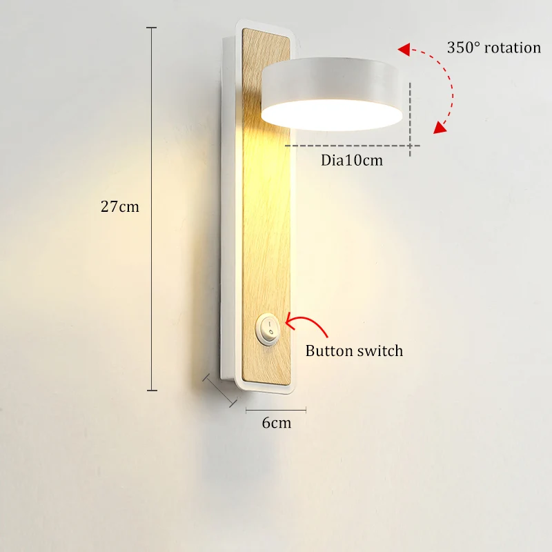 Настенный светильник с поворотом на 350 ° в скандинавском стиле, современный светодиодный настенный светильник для гостиной, прикроватный, черный, белый, с выключателем, декоративное бра, AC85-265V - Цвет абажура: White