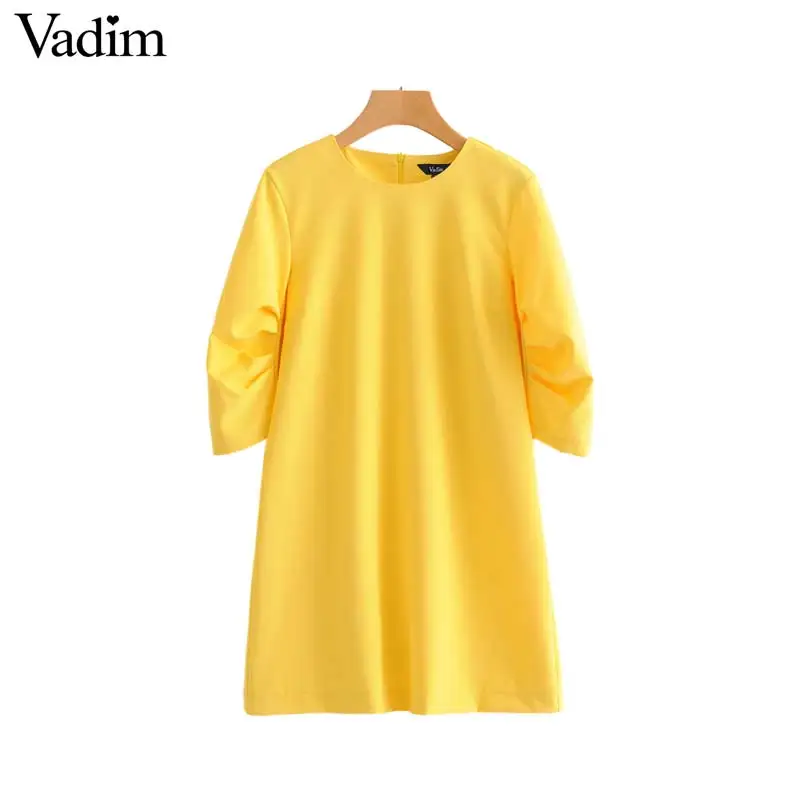 

Vadim women elegant stylish yellow straight dress o neck pleated sleeve ladies streetwear cute mini dresses vestidos QA167
