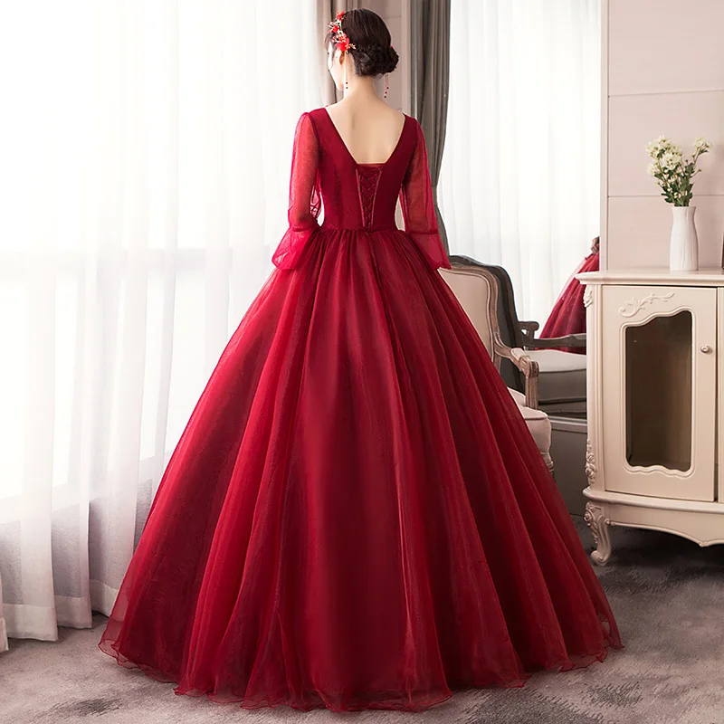 Robe de soiree Новое красное вино кружево v-образным вырезом бисером роскошное длинное бальное платье вечернее платье знаменитые аппликации цветы вечерние платья