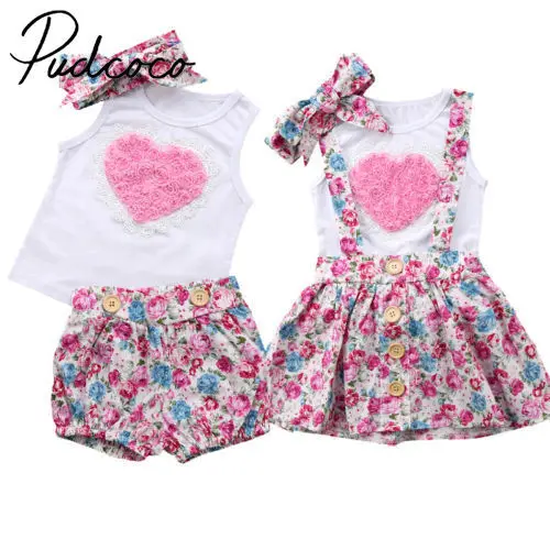 

2018 Casual Cotton 3PCS Floral Baby Girl Outfits Clothes T-shirt Top Pants/ Skirts Hairband Sets Size 0-6T