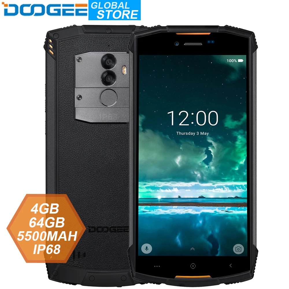 IP68 DOOGEE S55 Открытый водонепроницаемый смартфон MTK6750T Octa Core 4 GB Оперативная память 64 Гб Встроенная память 5500 mAh 5,5 дюйма Android 8,0 Dual SIM 13.0MP