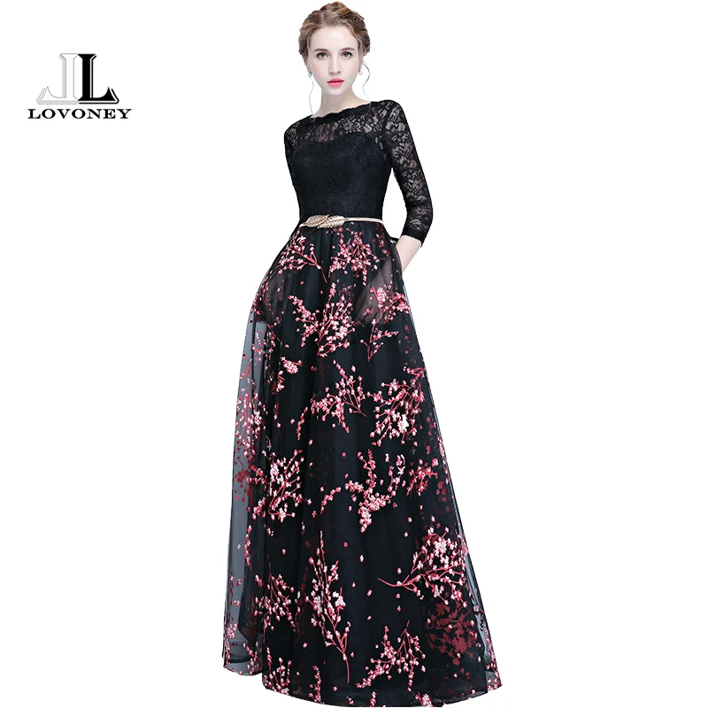 LOVONEY Elegant Lace Evening Dress Long Flower Print Occasion Party Dress Evening Gown Formal Dresses Robe De Soiree YS410 LOVONEY Elegant Lace Evening Dress Long Flower Print Occasion Party Dress Evening Gown Formal Dresses Robe De Soiree YS410