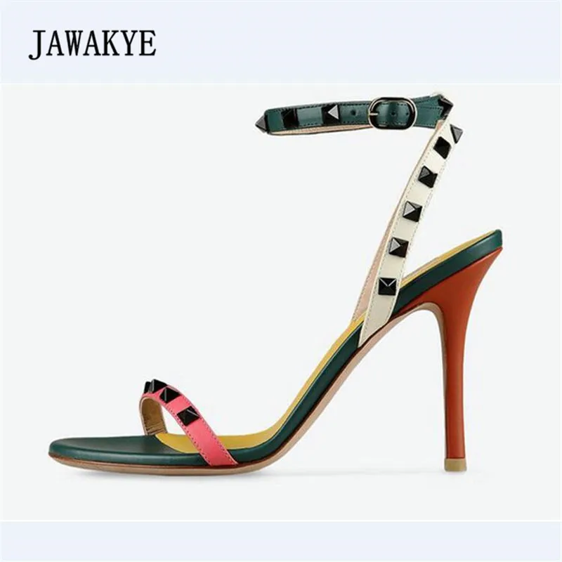 

Newest Rivet Gladiator Sandals Women Open Toe Ankle Strappy Belt Patchwork High Heels Woman Wedding Shoes Summer