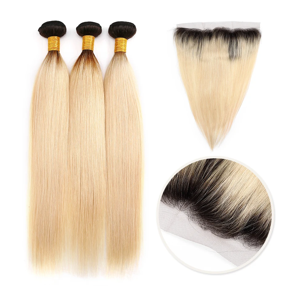 

Peruvian Ombre Blonde Bundles With Frontal Straight Bundles With Transparent 13x4 Frontal with Baby Hair Remy Human Hair Closure