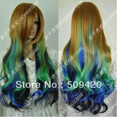 parrucca perruque Free ShippingD@DWA247 Cosplay Lolita Long Blue &amp Green multi-colour Curly Wig W@ |
