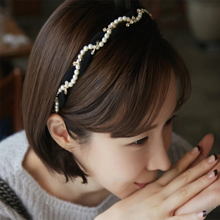 Роскошная брендовая стильная женская шифоновая повязка для волос с жемчугом и бриллиантами, держатель для волос, головной убор, Корейский простой элегантный аксессуар
