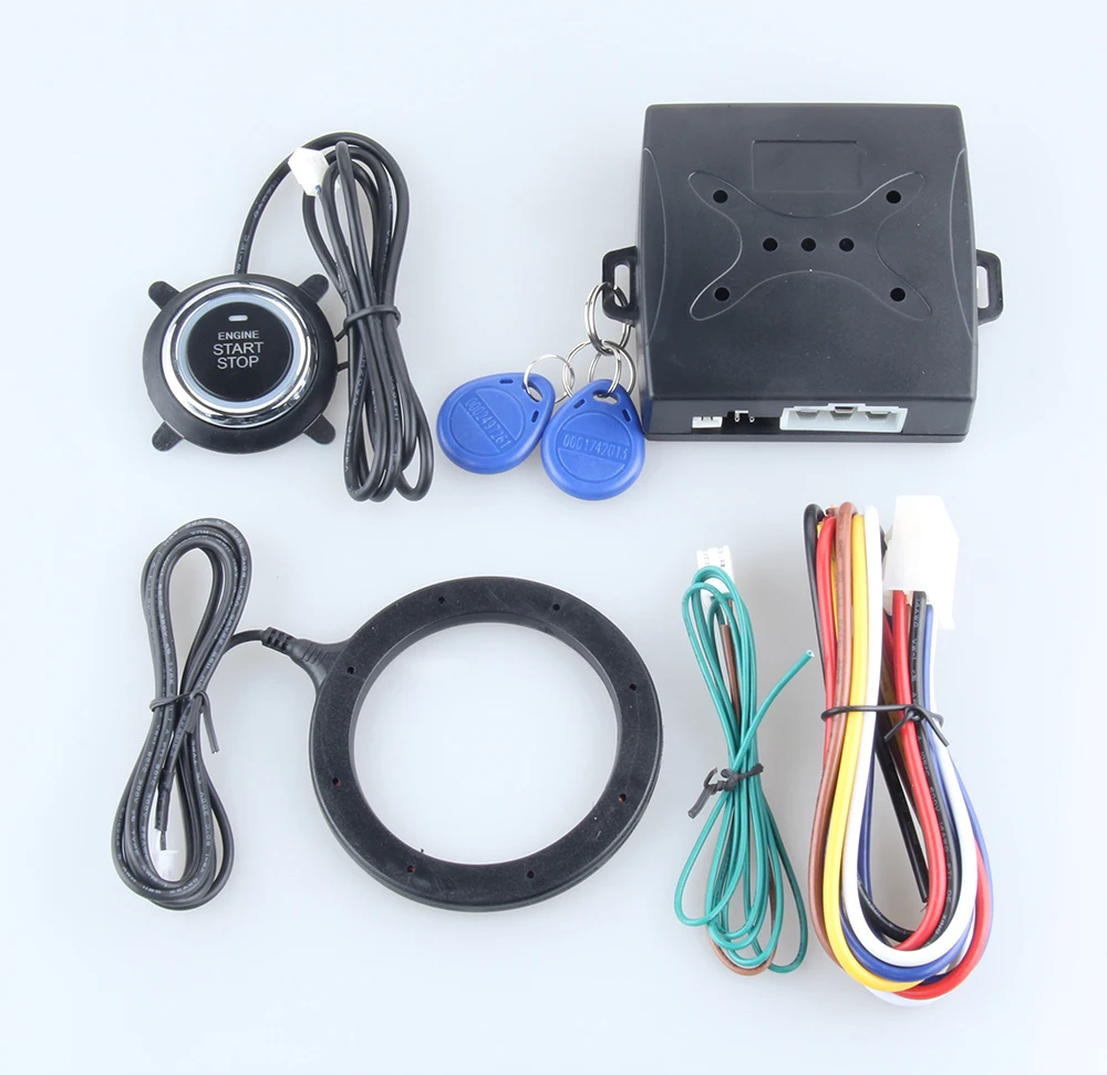 Universal car alarm system with RFID transponder immobilizer, push