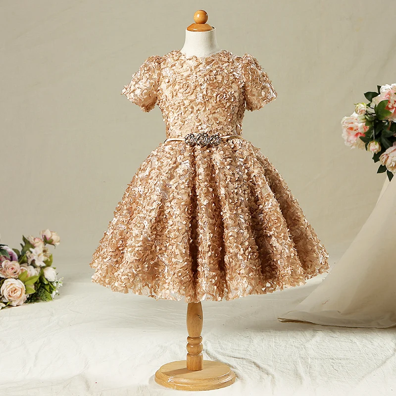 Золотое винтажное платье с цветочным узором для девочек на свадьбу; бальное платье с аппликацией; платье принцессы для девочек; детское вечернее платье для девочек; A38