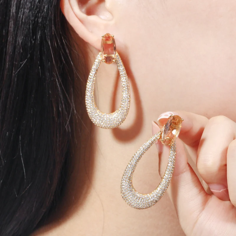 CWWZircons Yellow Gold Color Micro Pave Cubic Zirconia Stone Long Round Drop Earrings Engagement Wedding Party Jewelry  CZ583