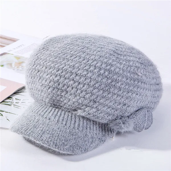 USPOP New winter caps women knit octagonal hat thick warm velvet lining knit hats solid color newsboy caps berets mom caps - Цвет: Серый