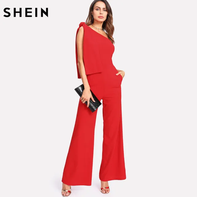 Buy SHEIN Red Jumpsuits Summer One Shoulder Sleeveless