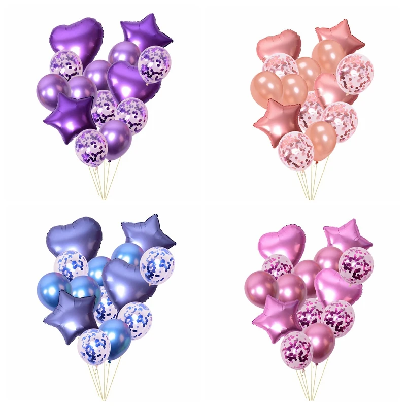 

14pcs/lot Rose Metallic Sequined (no plug) Balloon Set 18" Matte Star Aluminum Film 12" Chrome Transparent Latex Balloons