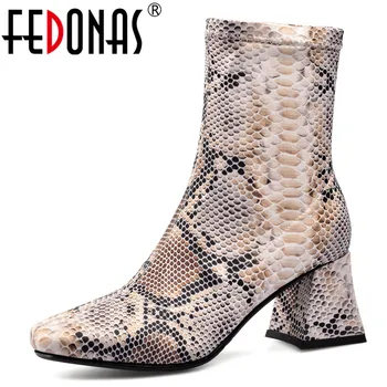 

FEDONAS Spring Autumn Sexy Animal Prints Synthetic Stretch Fabric Women Mid-calf Boots Brand High Heels Night Club Shoes Woman