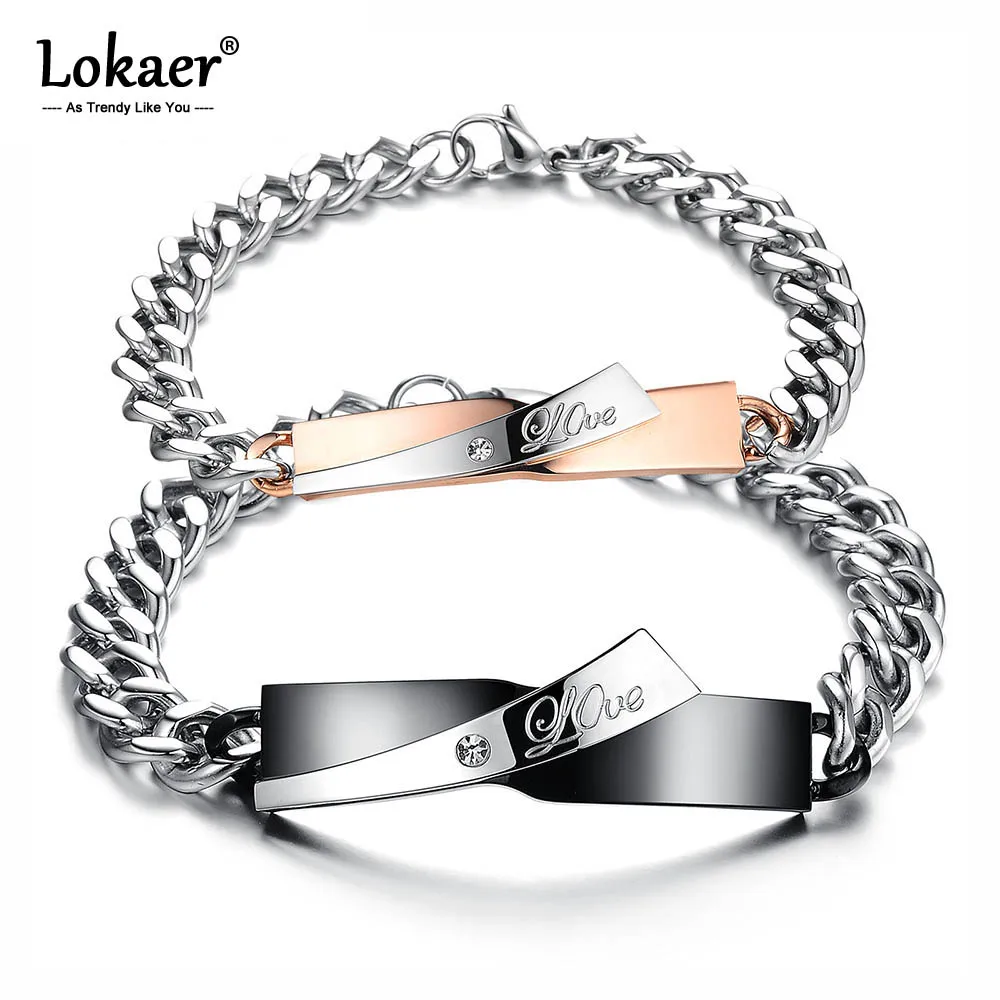 Lokaer романтическая цепочка влюбленных звеньев браслеты кубического циркония набор свадебных колец для влюбленных стальной браслет для женщин мужчин ювелирные изделия OGS702
