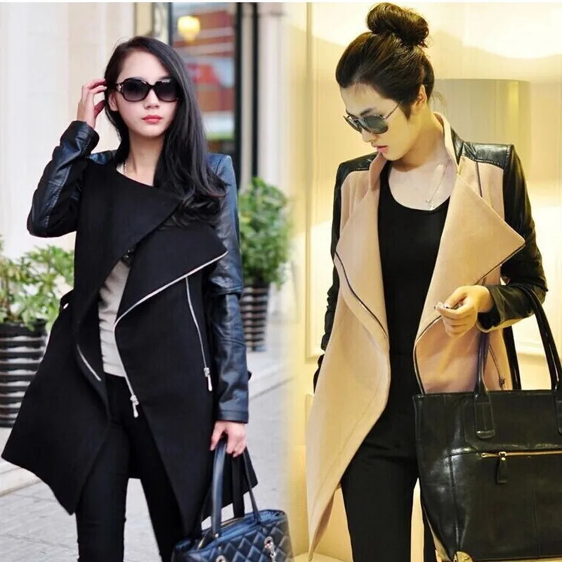 

Trench Coat For Women 2018 New Fashion Patchwork Women Trench Long PU Leather Sleeve Windbreaker Autumn Winter Women Coat WC064