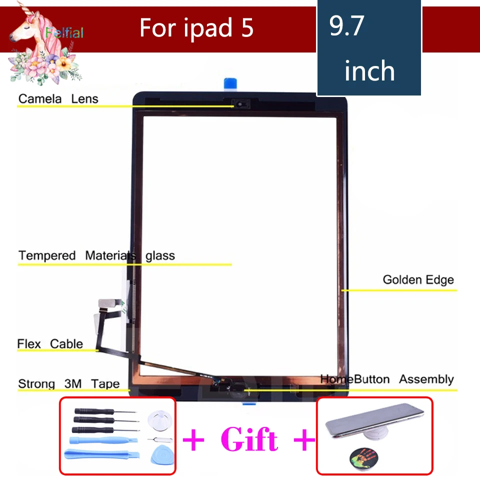Оригинальный Для Apple Ipad Air 1 ipad 5 Сенсорный экран планшета с Главная кнопка спереди Стекло touch Панель A1474 A1475 A1476